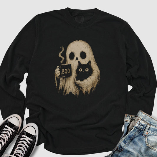 Boo Ghost Cat Long Sleeve Tee