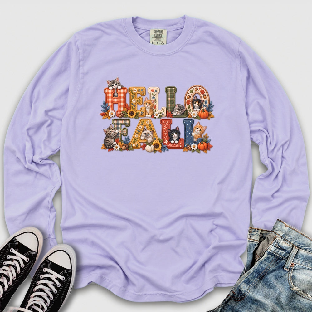 Faux Embroidery Fall Cats Long Sleeve Tee