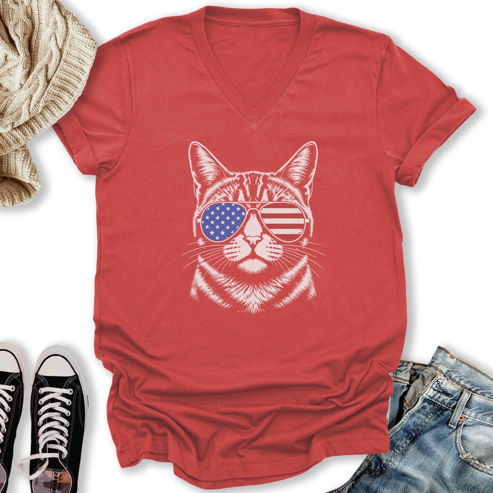 USA Aviator Cat  V-Neck Tee