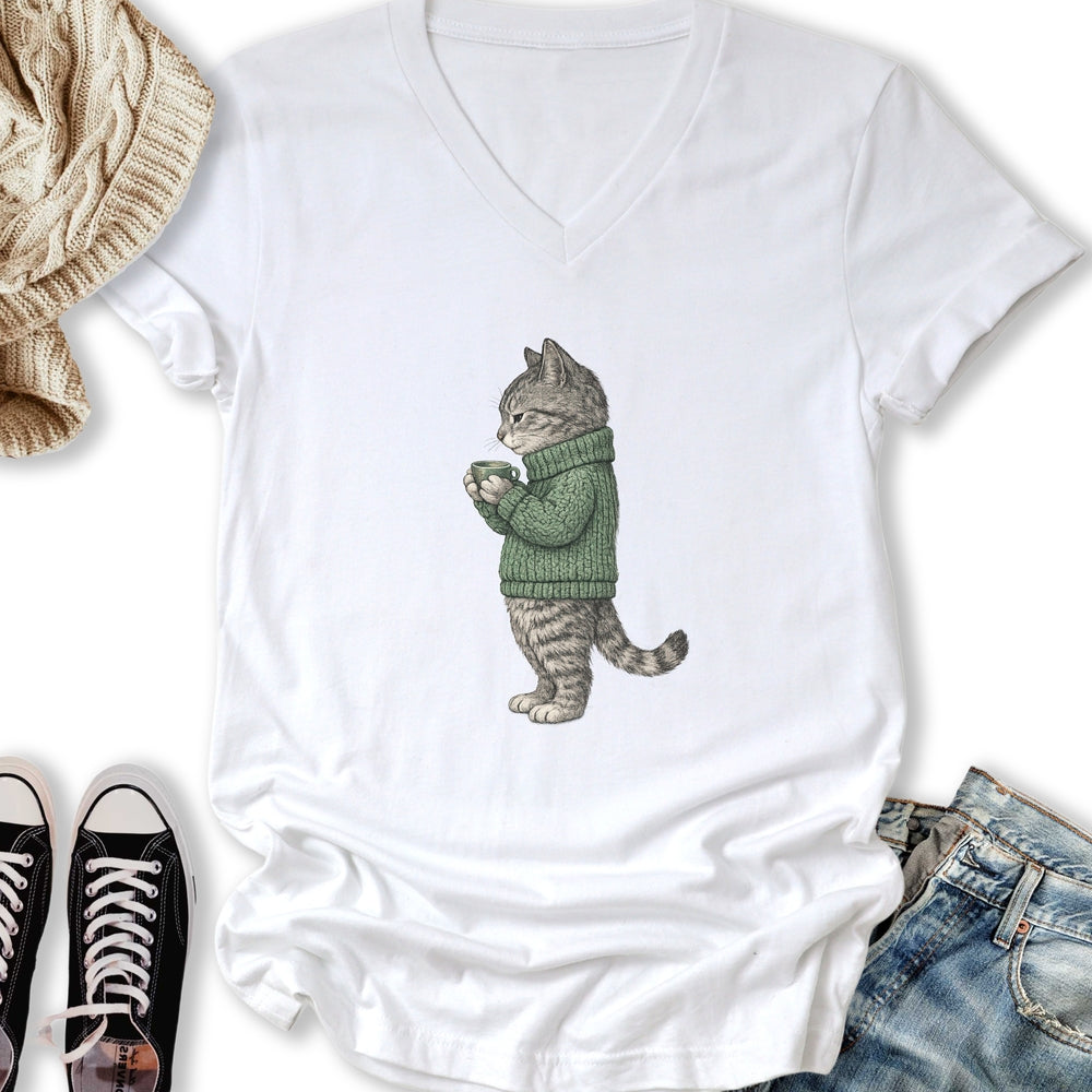 Cozy Tabby Cat V-Neck Tee