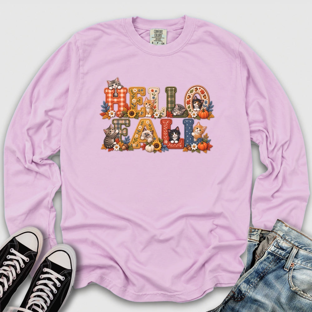 Faux Embroidery Fall Cats Long Sleeve Tee