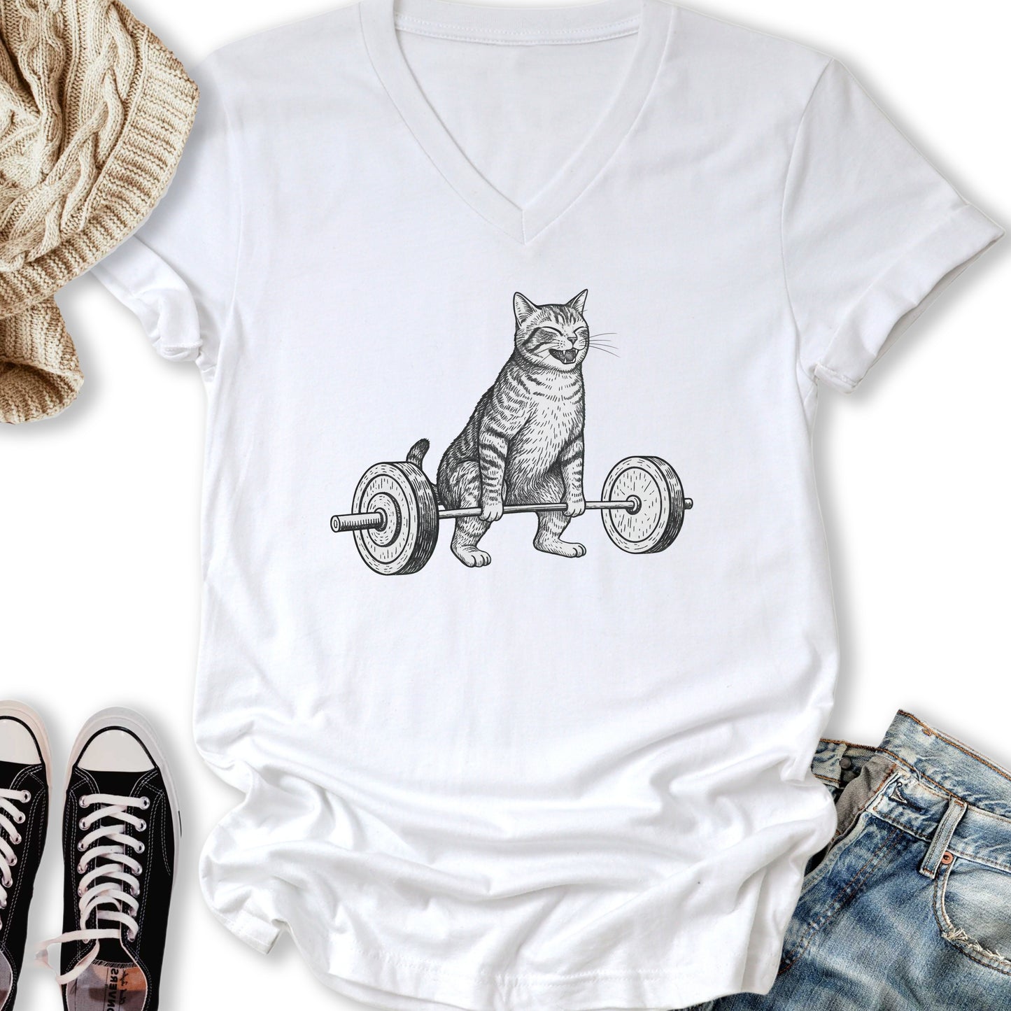 Deadlift Cat V-Neck Tee