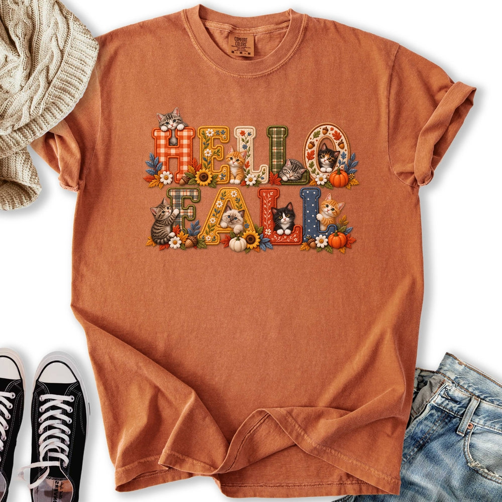 Faux Embroidery Fall Cats Relaxed Tee