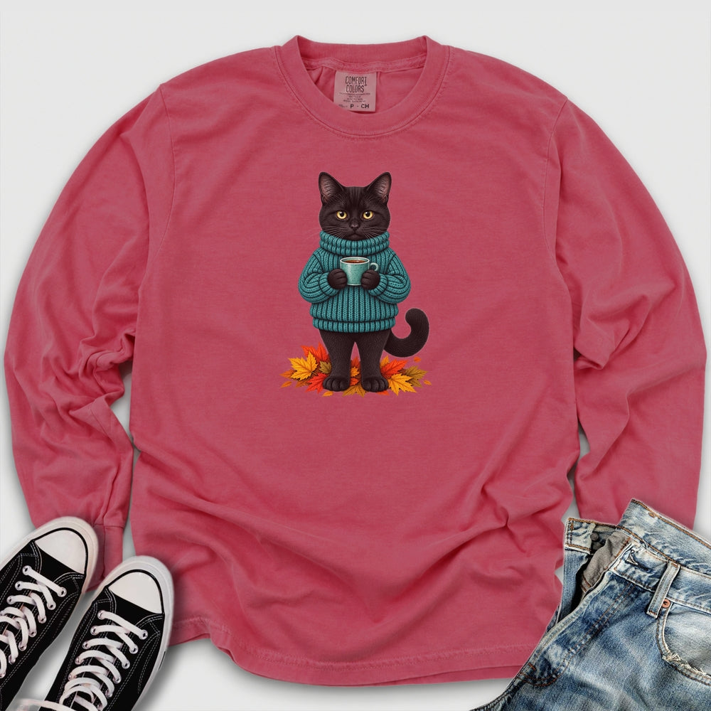 Cozy Fall Black Cat Long Sleeve Tee