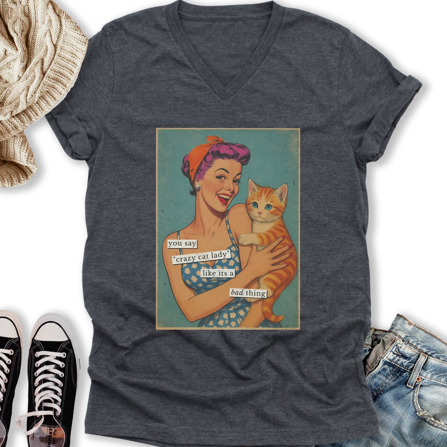 Retro Crazy Cat Lady V-Neck Tee