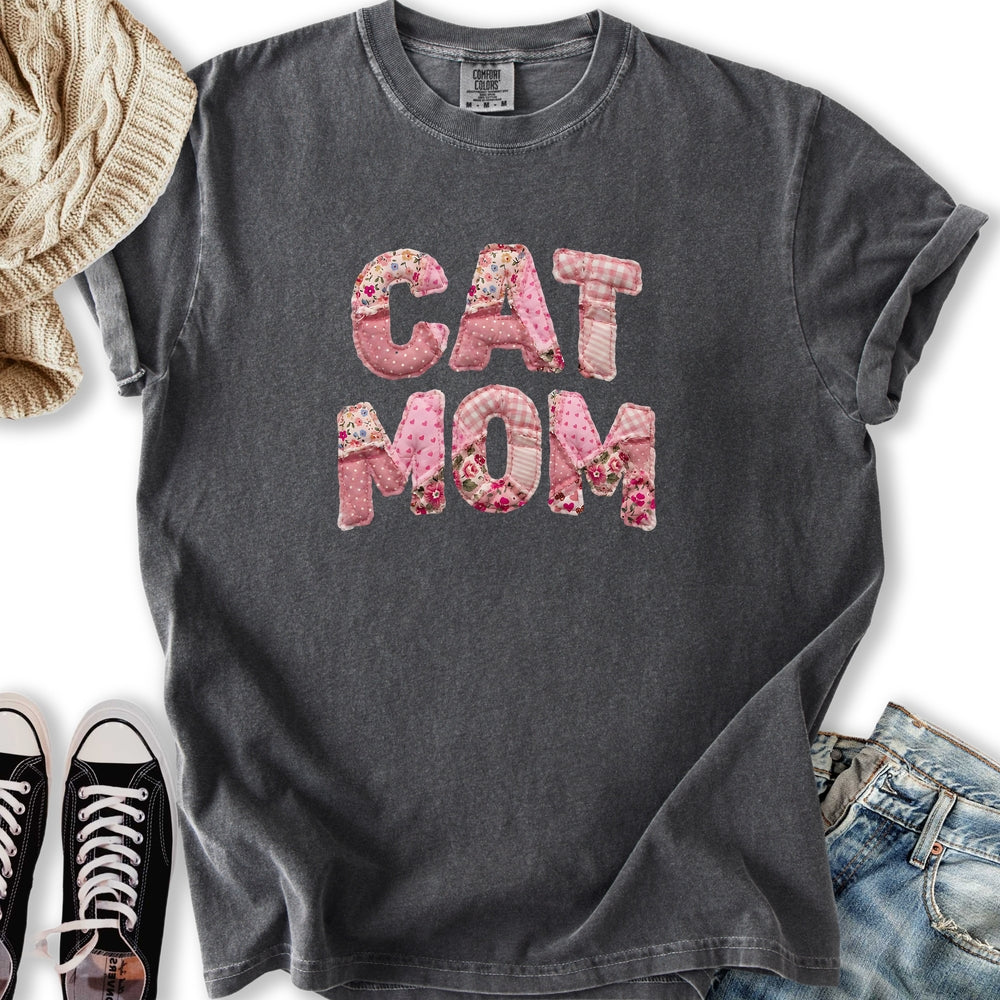 Pink Faux Patchwork Cat T-Shirt