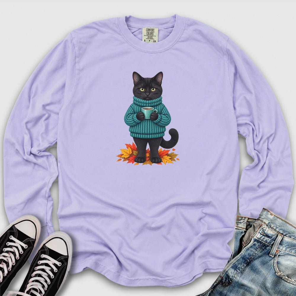 Cozy Fall Black Cat Long Sleeve Tee