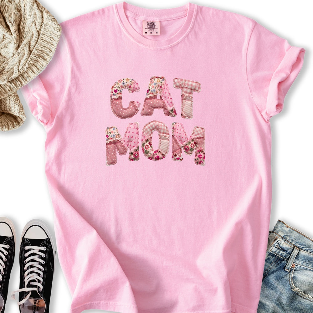 Pink Faux Patchwork Cat T-Shirt