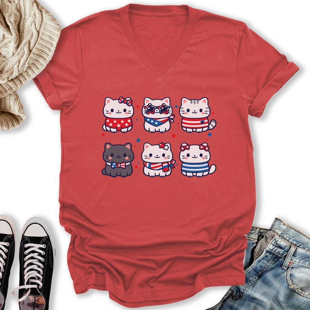 Cute Patriotic Cats V-Neck Tee