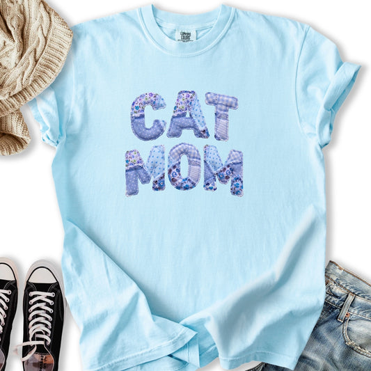 Blue Faux Patchwork Cat T-Shirt