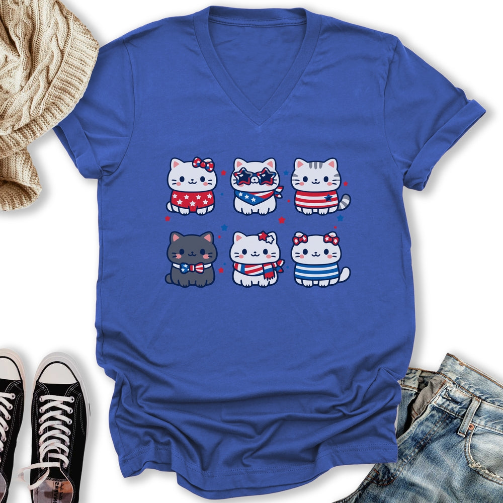 Cute Patriotic Cats V-Neck Tee