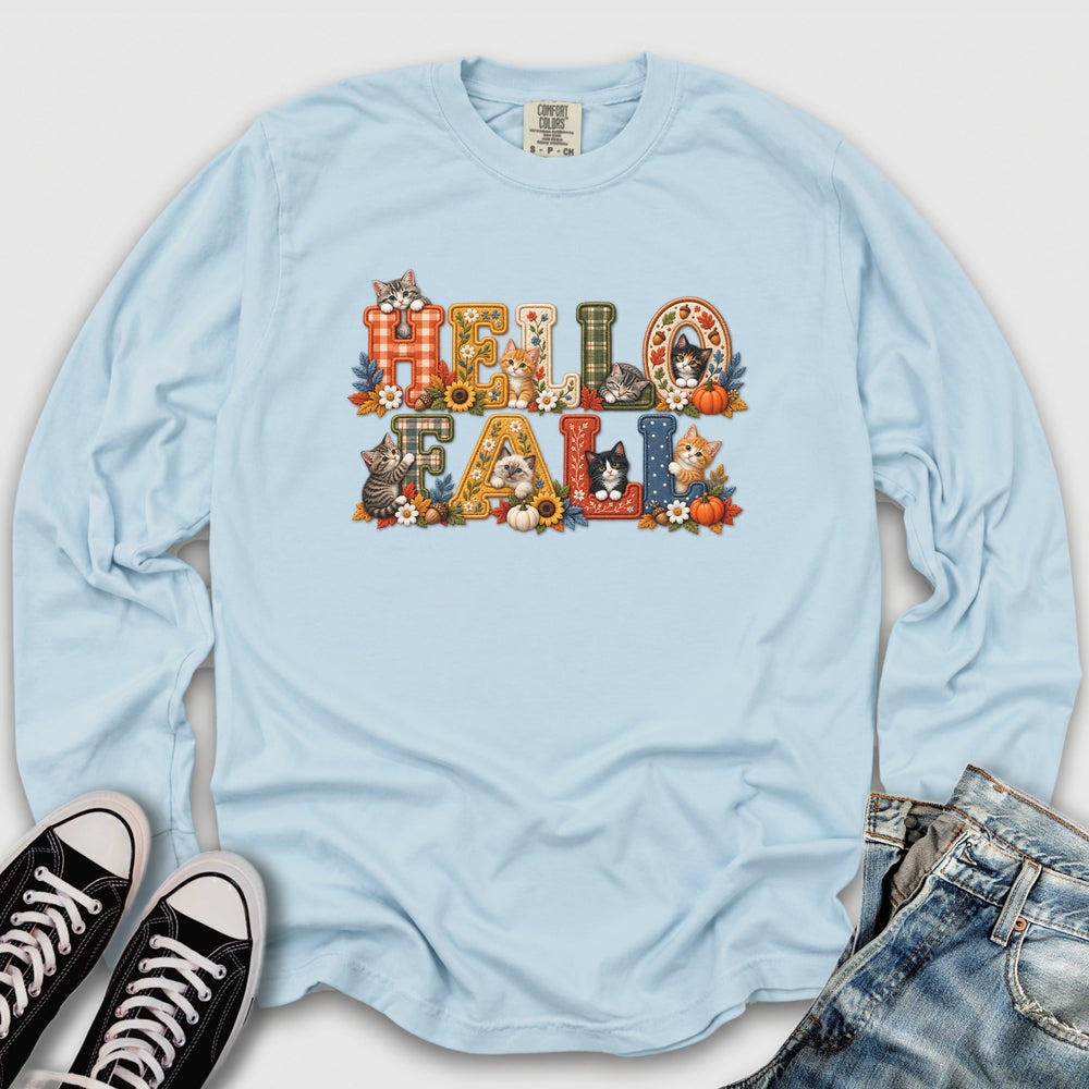 Faux Embroidery Fall Cats Long Sleeve Tee