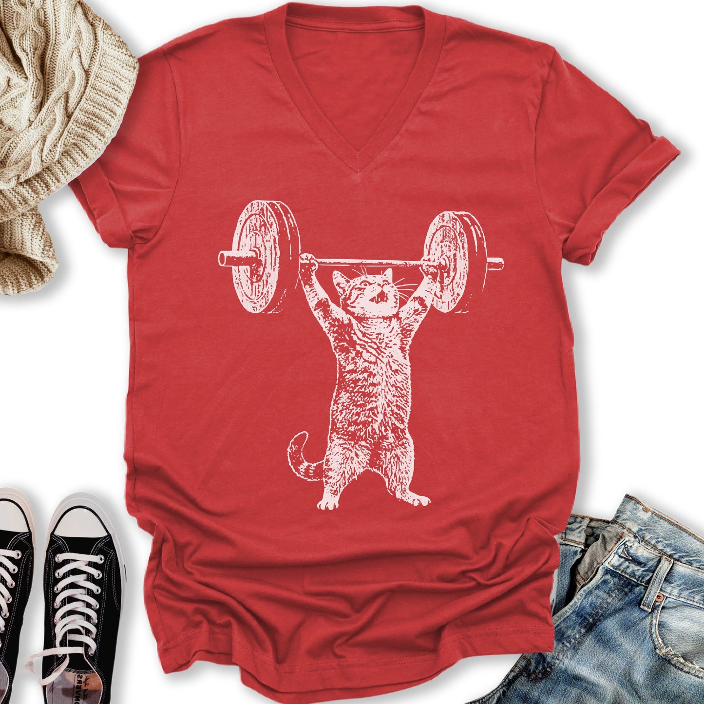 Weight Lifter Cat V-Neck Tee