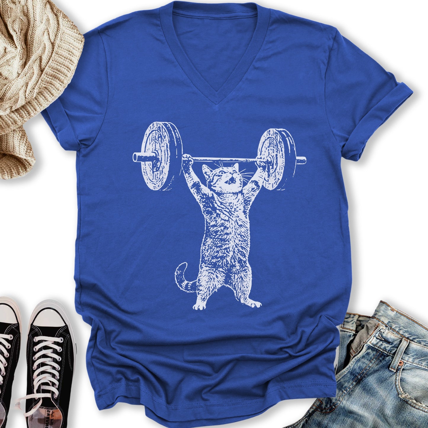Weight Lifter Cat V-Neck Tee