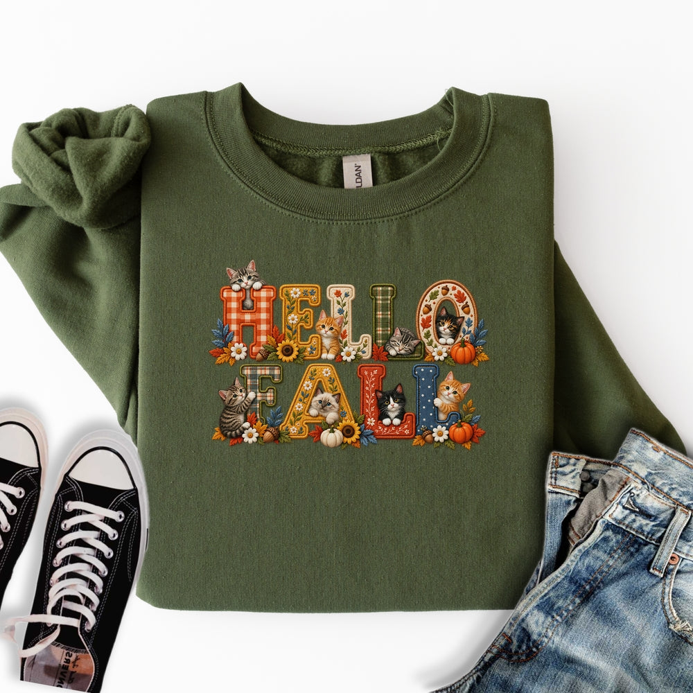 Faux Embroidery Fall Cats Sweatshirt