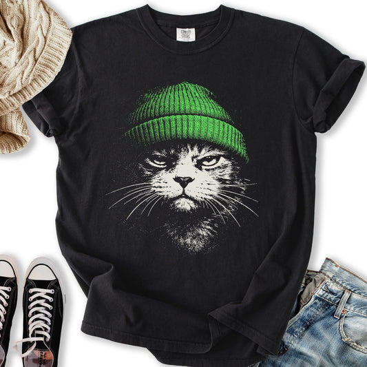 Green Beanie Cat T-Shirt