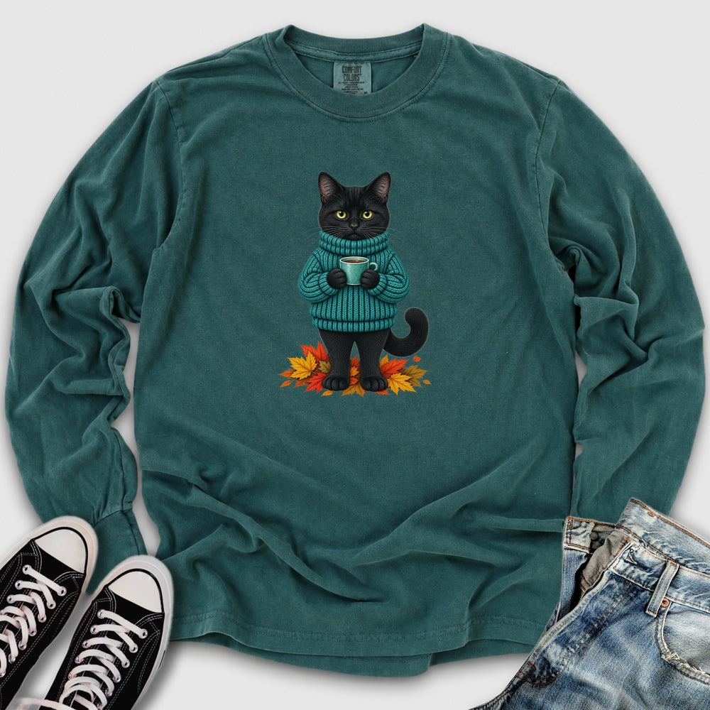 Cozy Fall Black Cat Long Sleeve Tee