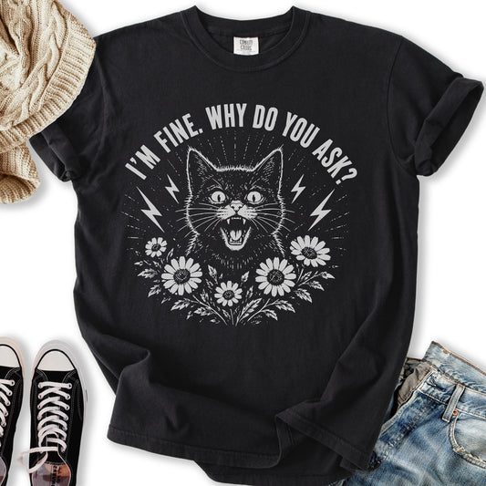 I'm Fine Black Cat T-Shirt