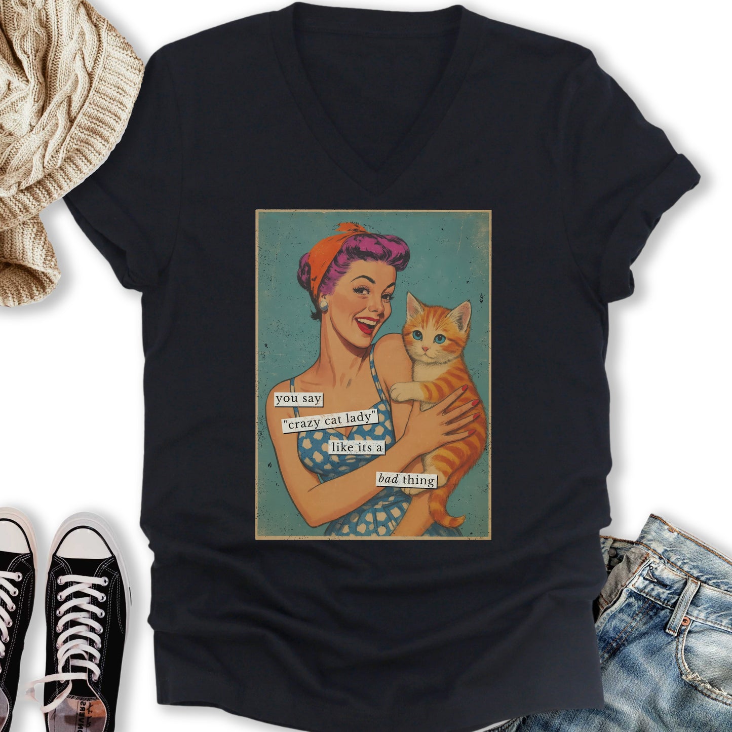 Retro Crazy Cat Lady V-Neck Tee