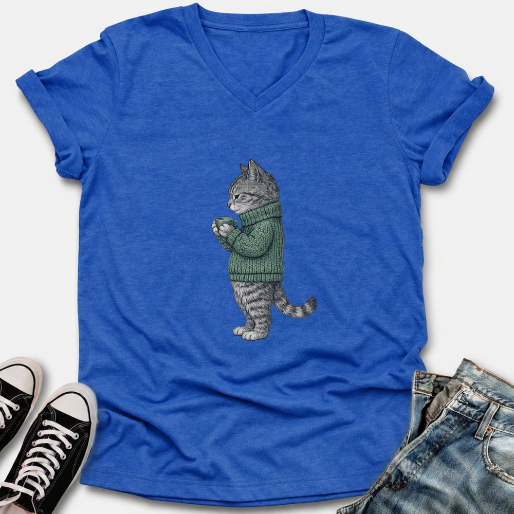 Cozy Tabby Cat V-Neck Tee