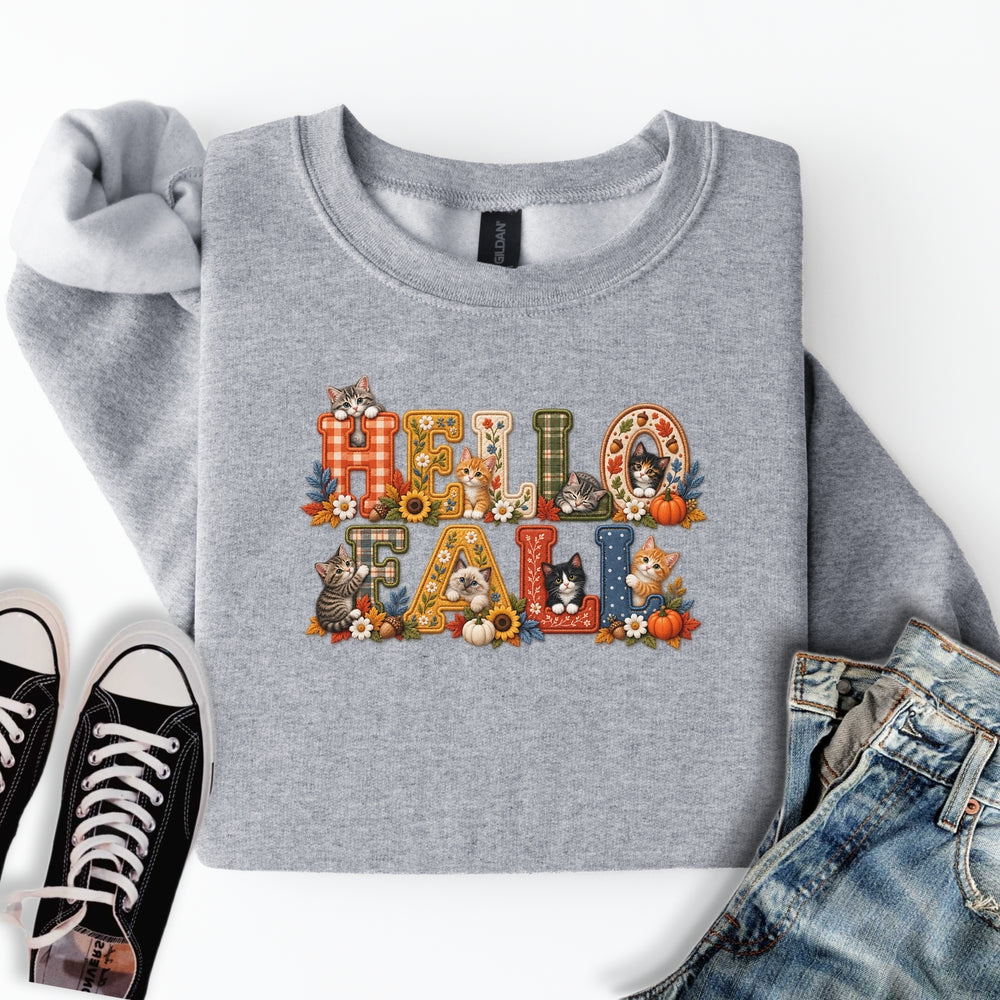 Faux Embroidery Fall Cats Sweatshirt
