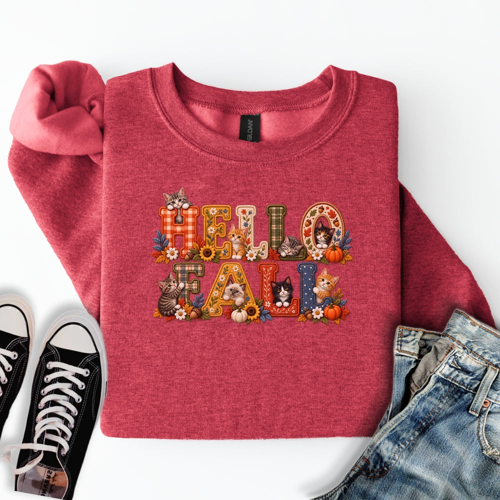 Faux Embroidery Fall Cats Sweatshirt