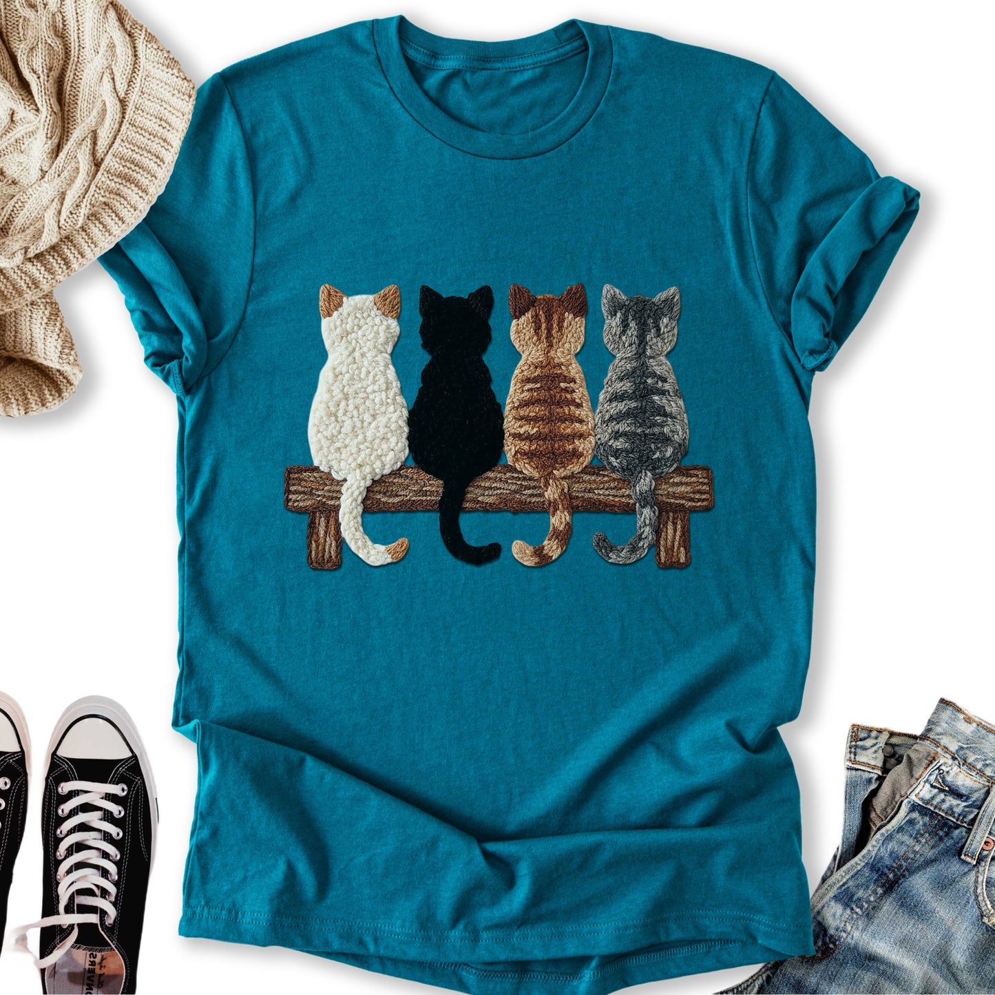 Four Cats Faux Yarn Printed T-Shirt