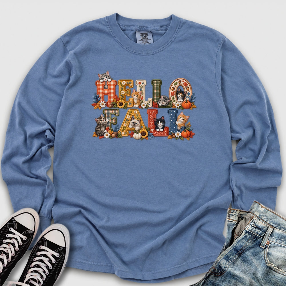 Faux Embroidery Fall Cats Long Sleeve Tee