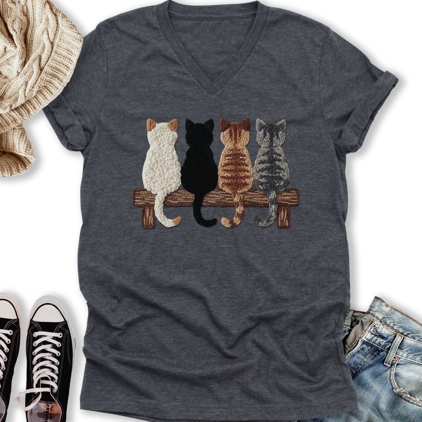 Four Cats Faux Yarn Printed V-Neck Tee