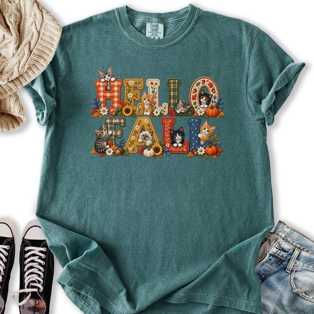 Faux Embroidery Fall Cats Relaxed Tee