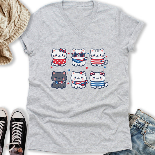 Cute Patriotic Cats V-Neck Tee