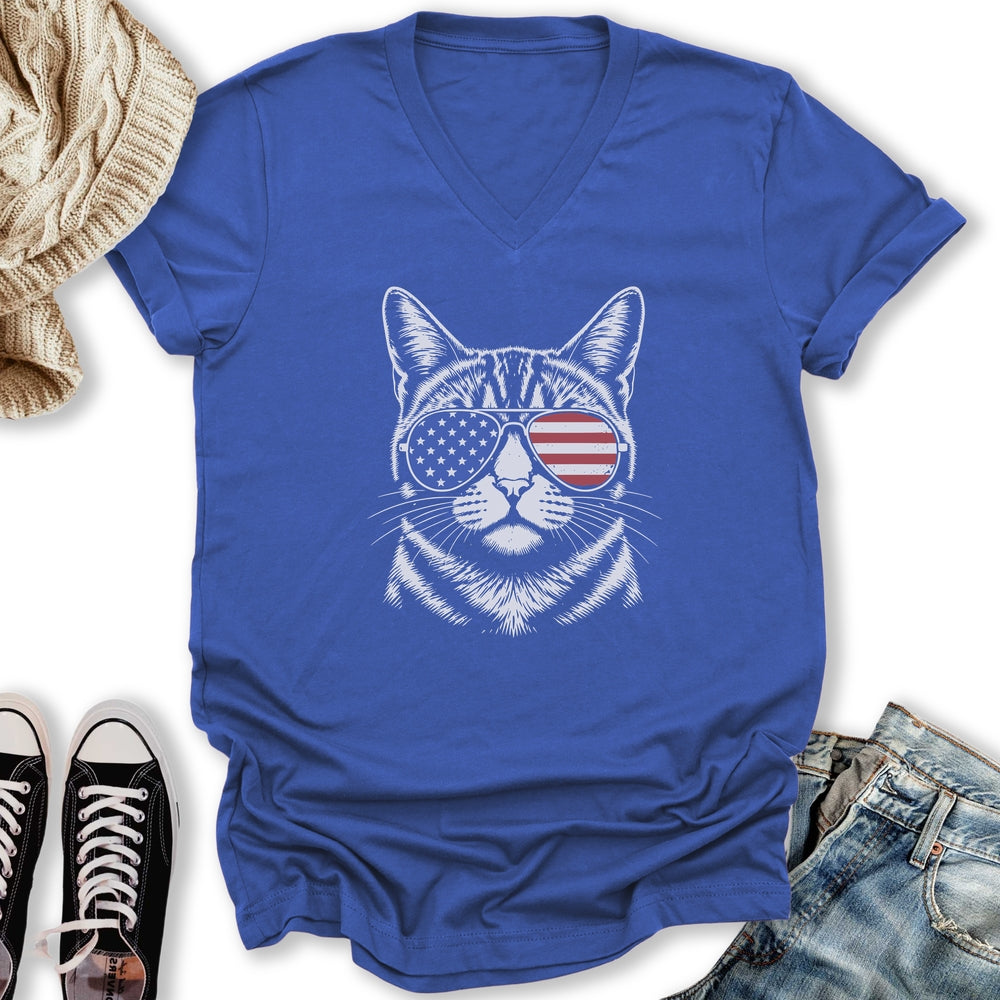 USA Aviator Cat  V-Neck Tee