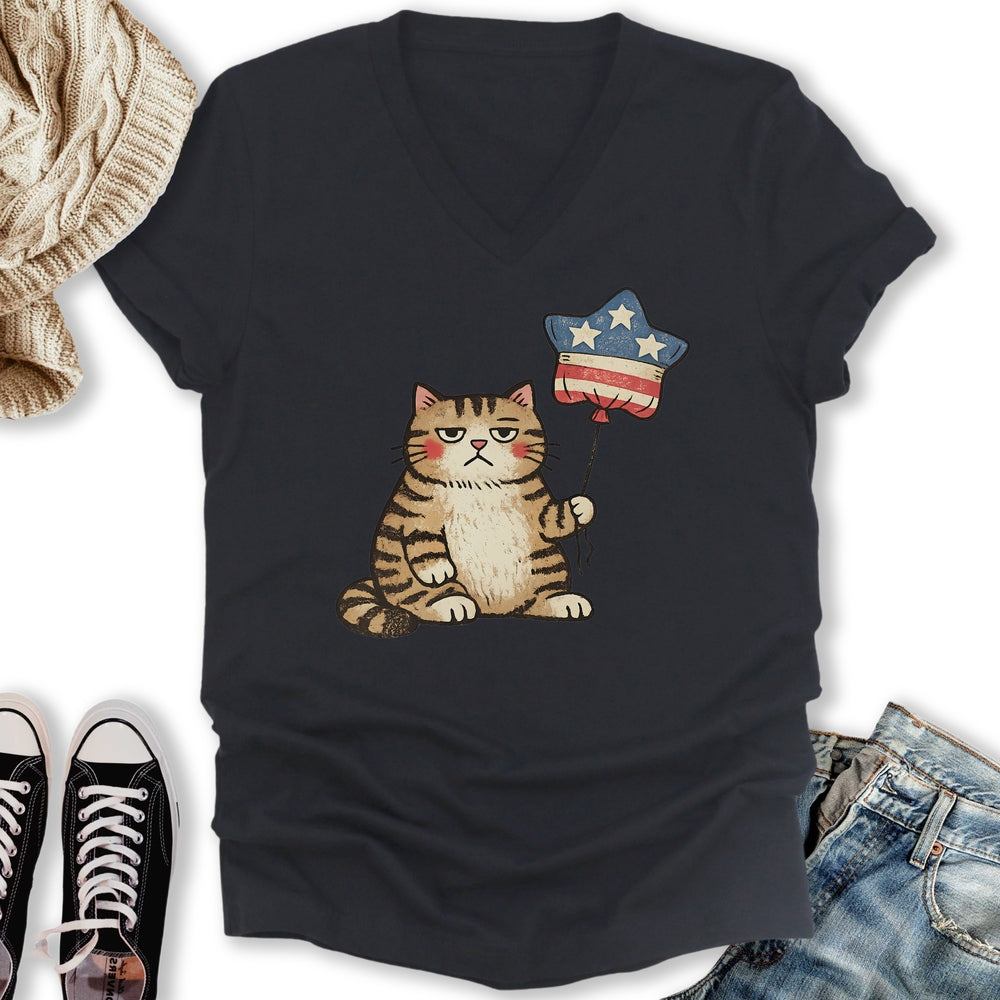 Unbothered Cat Patriot V-Neck Tee