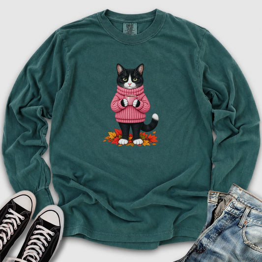 Cozy Fall Tuxedo Cat Long Sleeve Tee