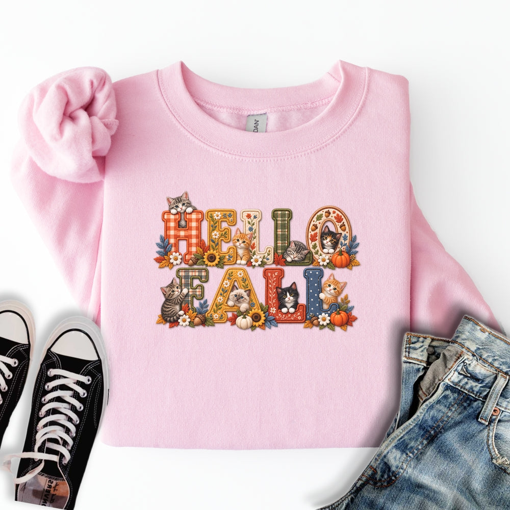 Faux Embroidery Fall Cats Sweatshirt