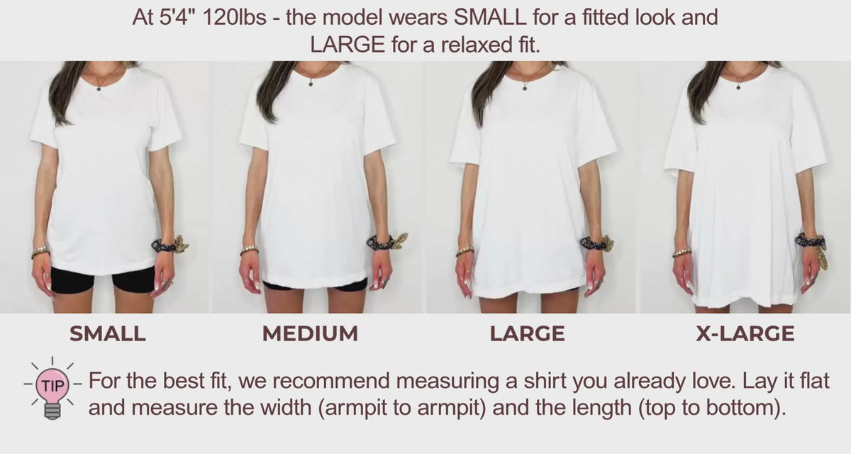 sizing video for classic tee fit on a model showing all sizes.